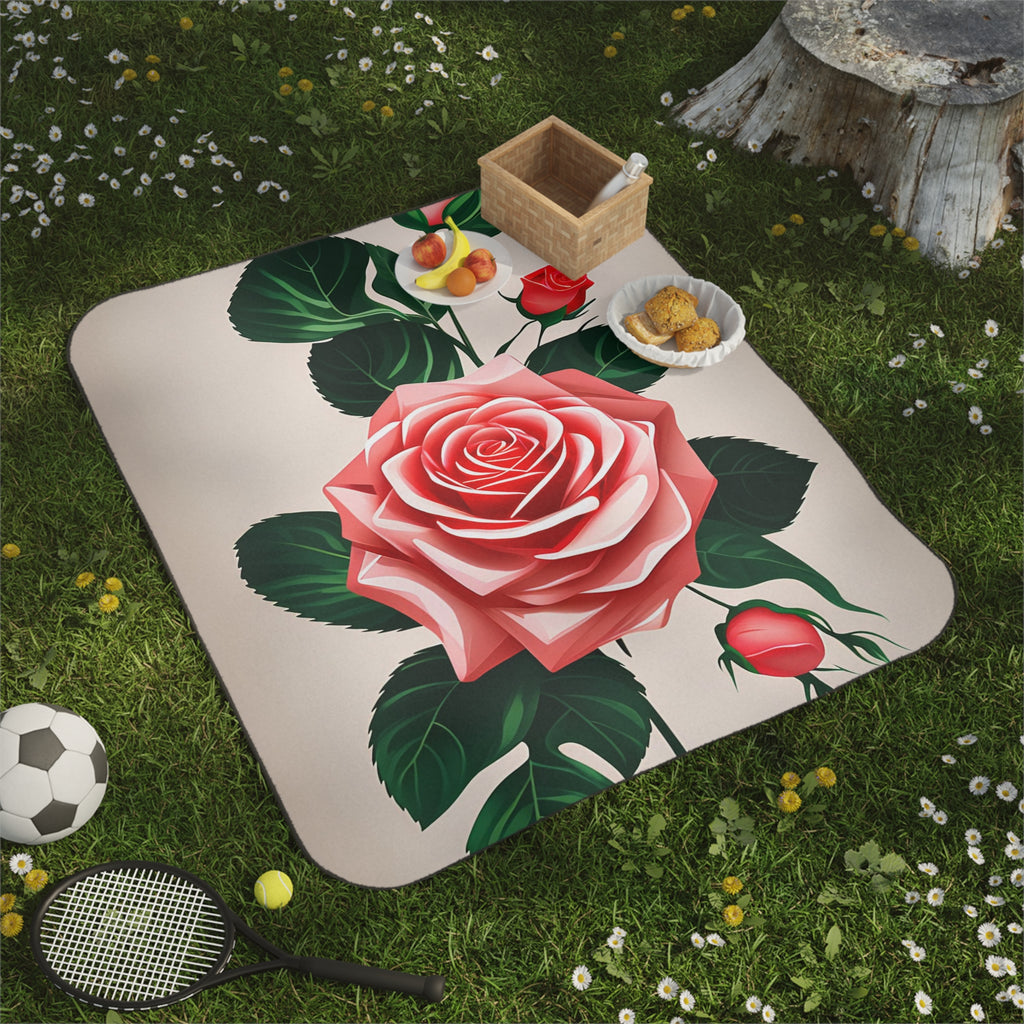 Pink Rose Flowers, Cozy Outdoor Picnic Blanket , Water-Resistant Bottom, 51" × 61"