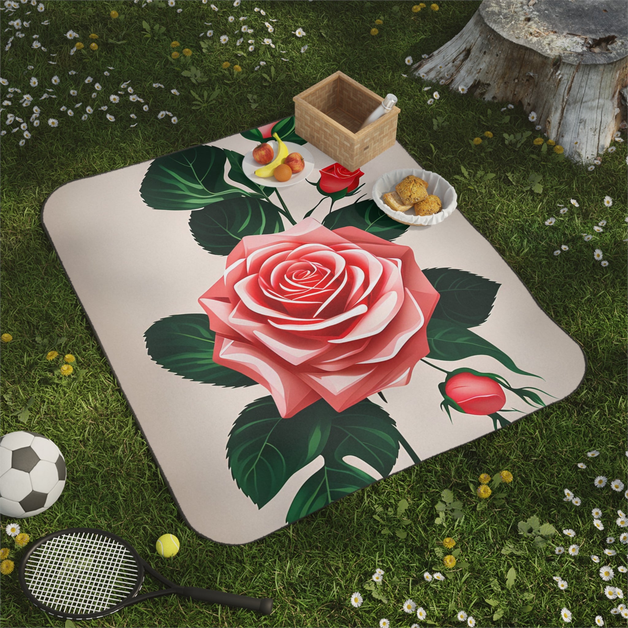 Pink Rose Flowers, Cozy Outdoor Picnic Blanket , Water-Resistant Bottom, 51" × 61"