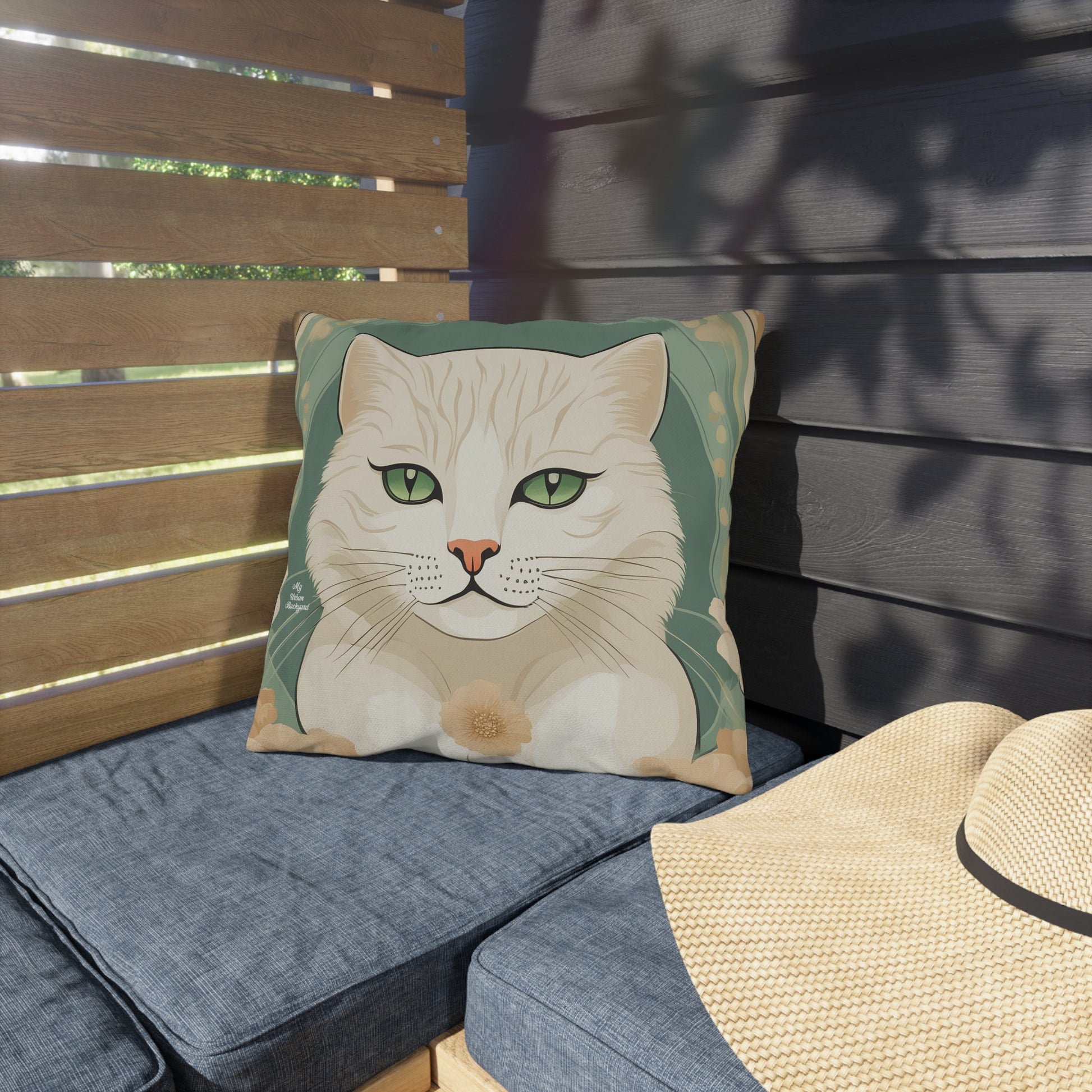 Blanca Purrington, Cat Throw Pillow, Slate Green accent color, Indoor/Outdoor Decor for Home or Office