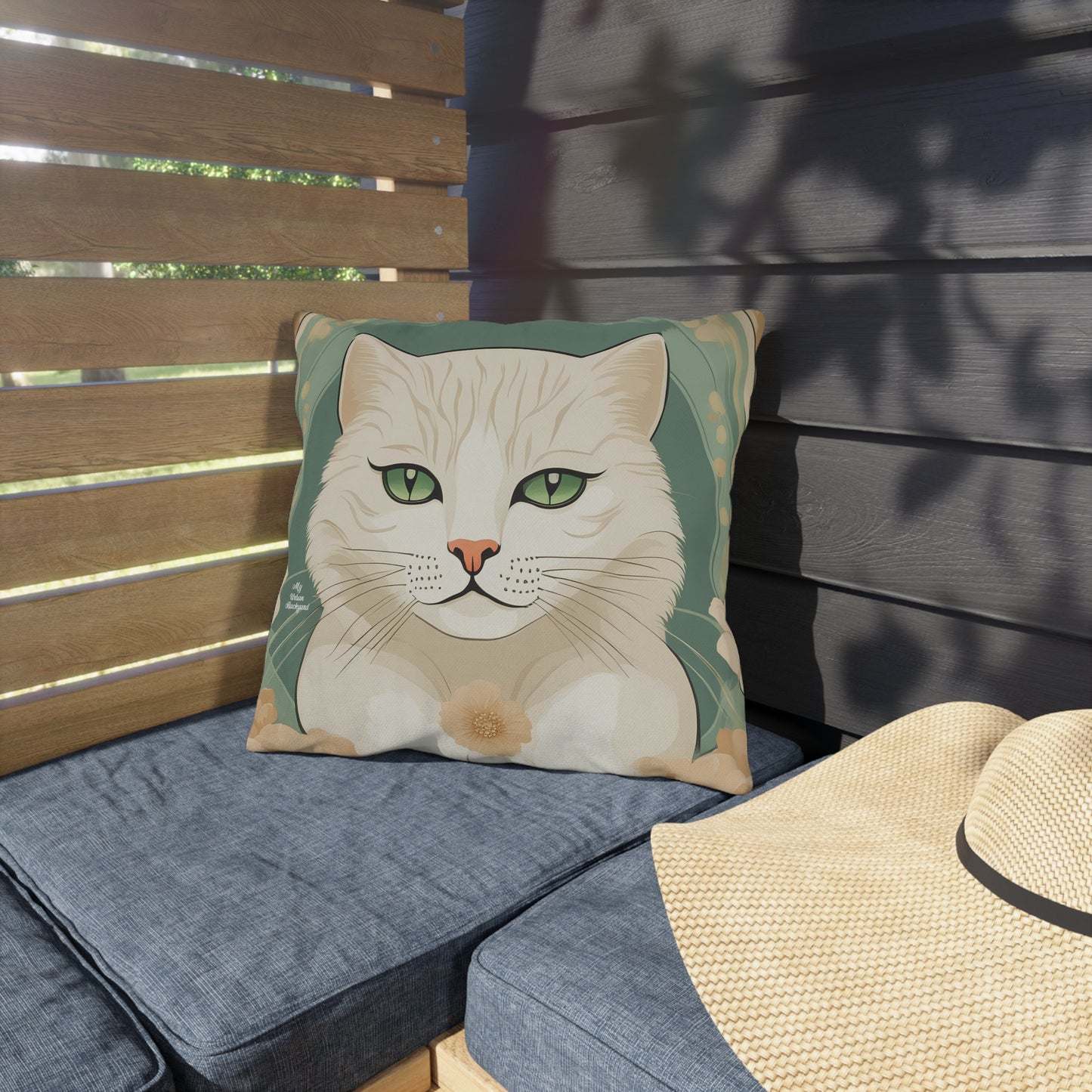 Green-Eyed Cat, Slate Green accent color, Throw Pillow, Indoor/Outdoor Decor for Home or Office