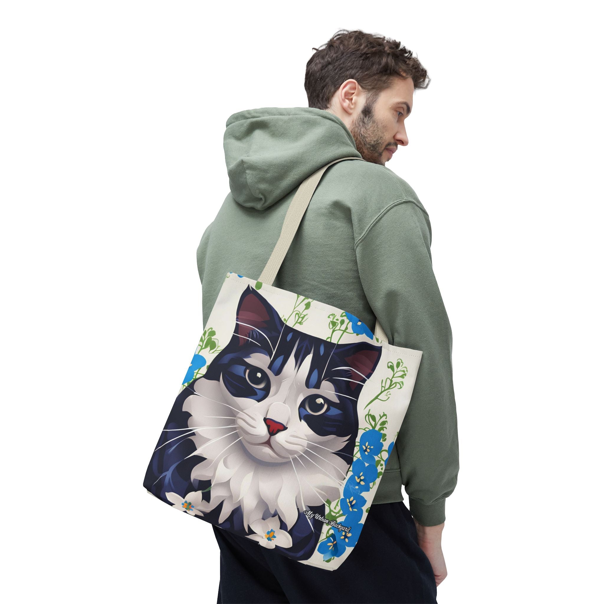 Cat and Blue Flowers Tote Bag with Cotton Handles For Everyday Use, 3 Sizes