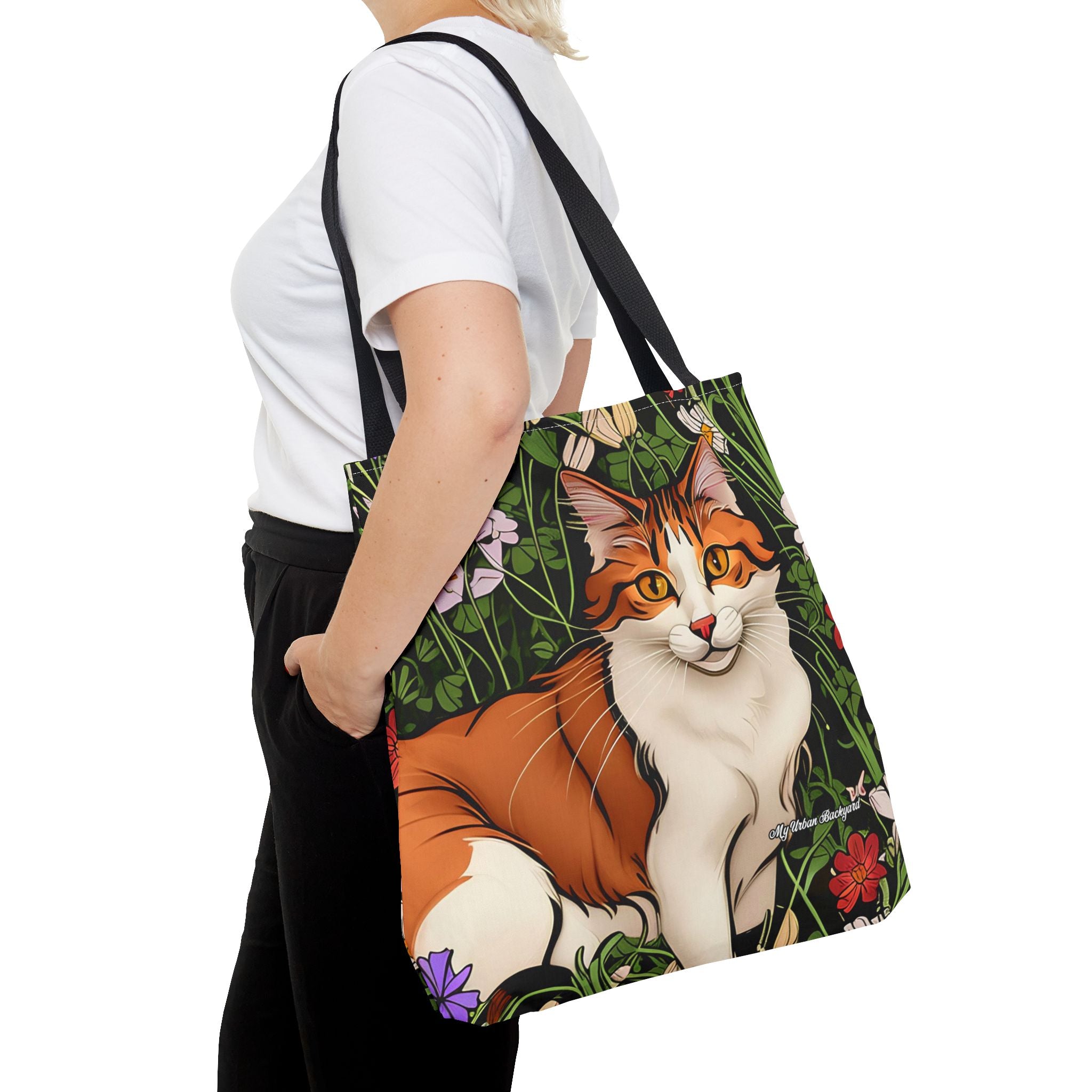 Orange Cat with Flowers Tote Bag with Cotton Handles For Everyday Use, 3 Sizes