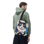Cat and Blue Flowers Tote Bag with Cotton Handles For Everyday Use, 3 Sizes