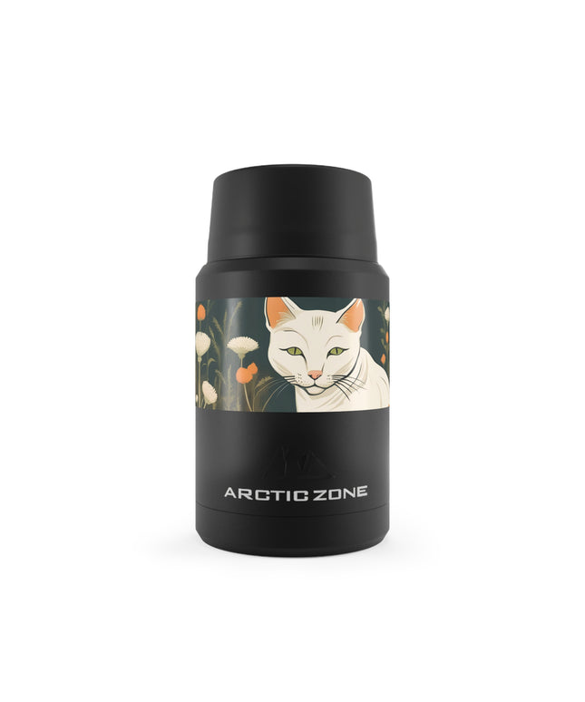 Green-Eyed Cat with Flowers, Reusable Insulated Food Storage Container with Spoon – 16.9oz