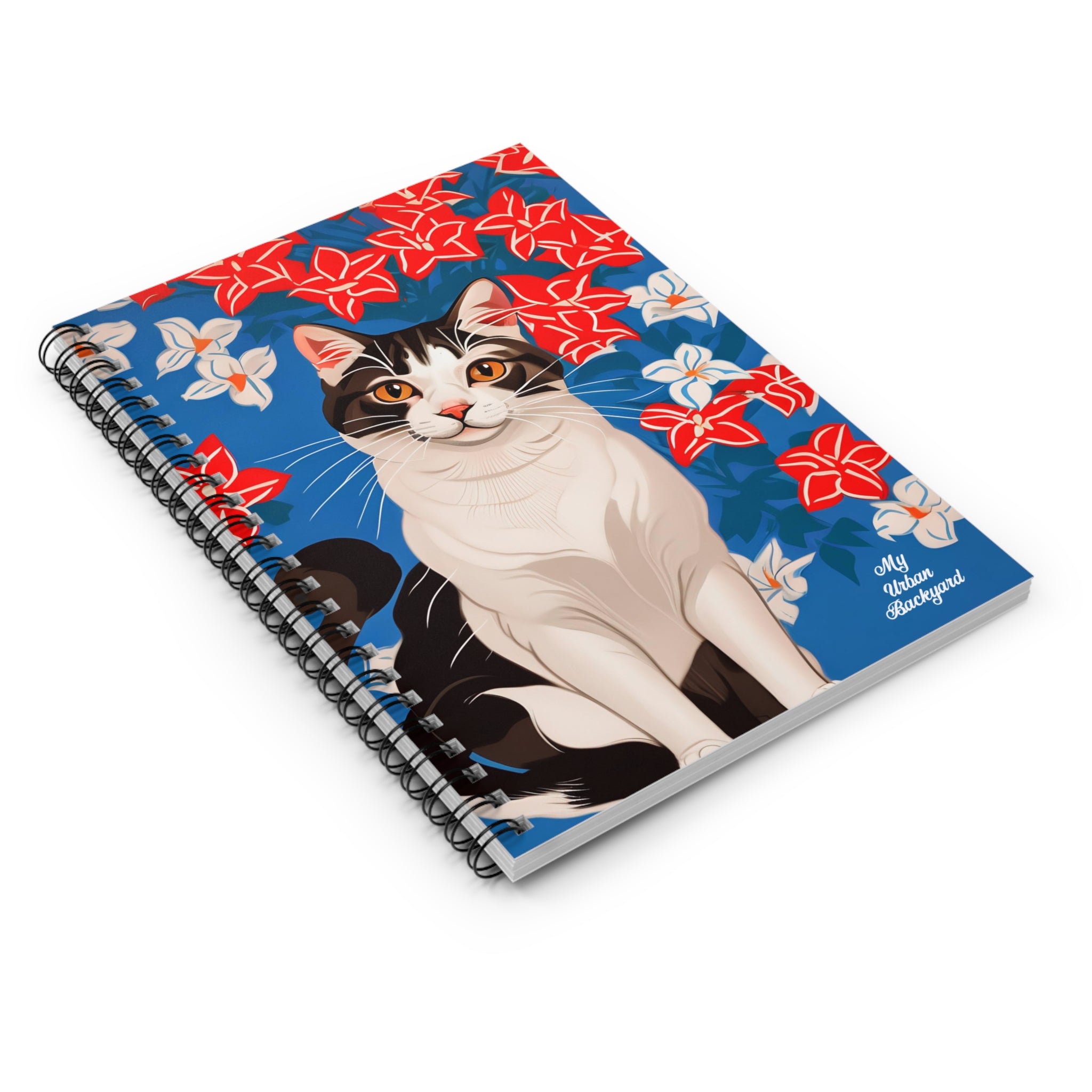 Cat with Red and White Flowers, Spiral Notebook Journal - Write in Style
