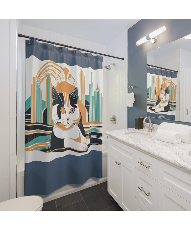 Art Deco Cat, Shower Curtain, Blue accent color - 71" x 74"