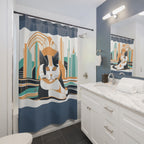 Coastal Blue, Art Deco Cat, Shower Curtain - 71" x 74"