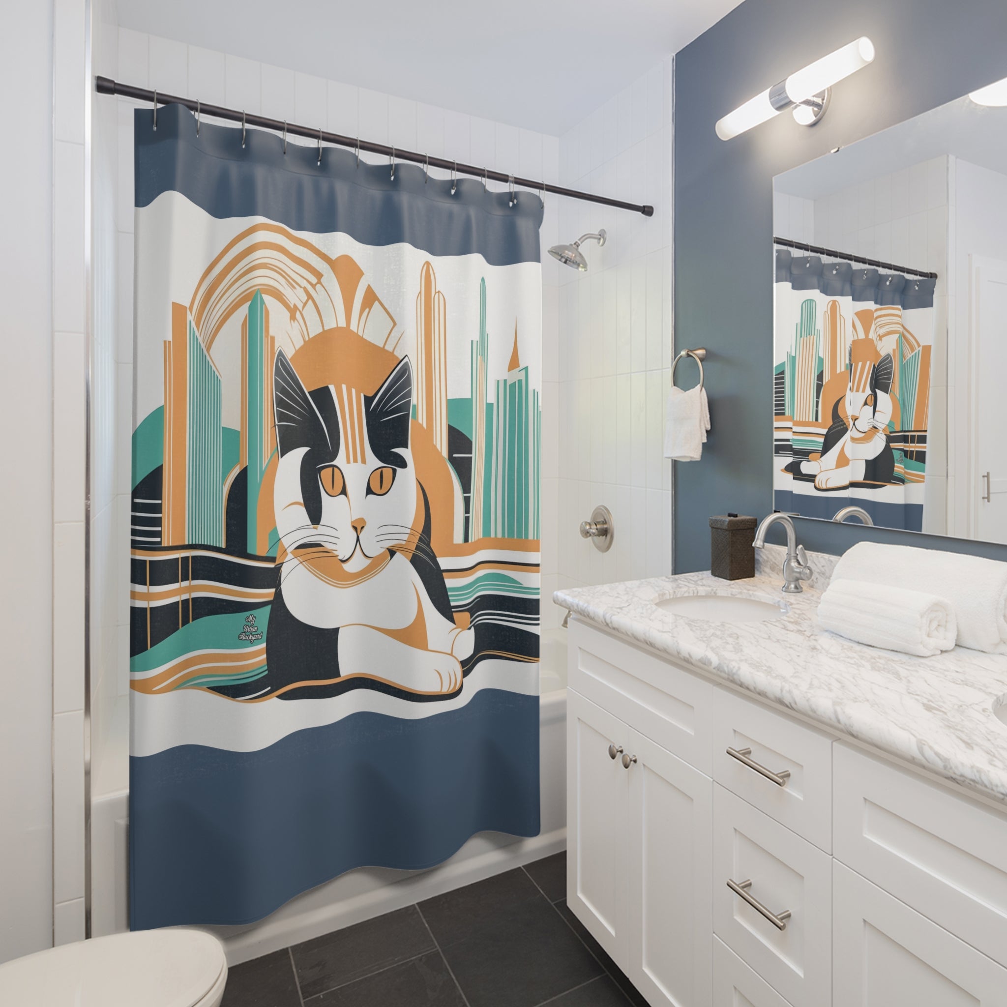 Coastal Blue, Art Deco Cat, Shower Curtain - 71" x 74"