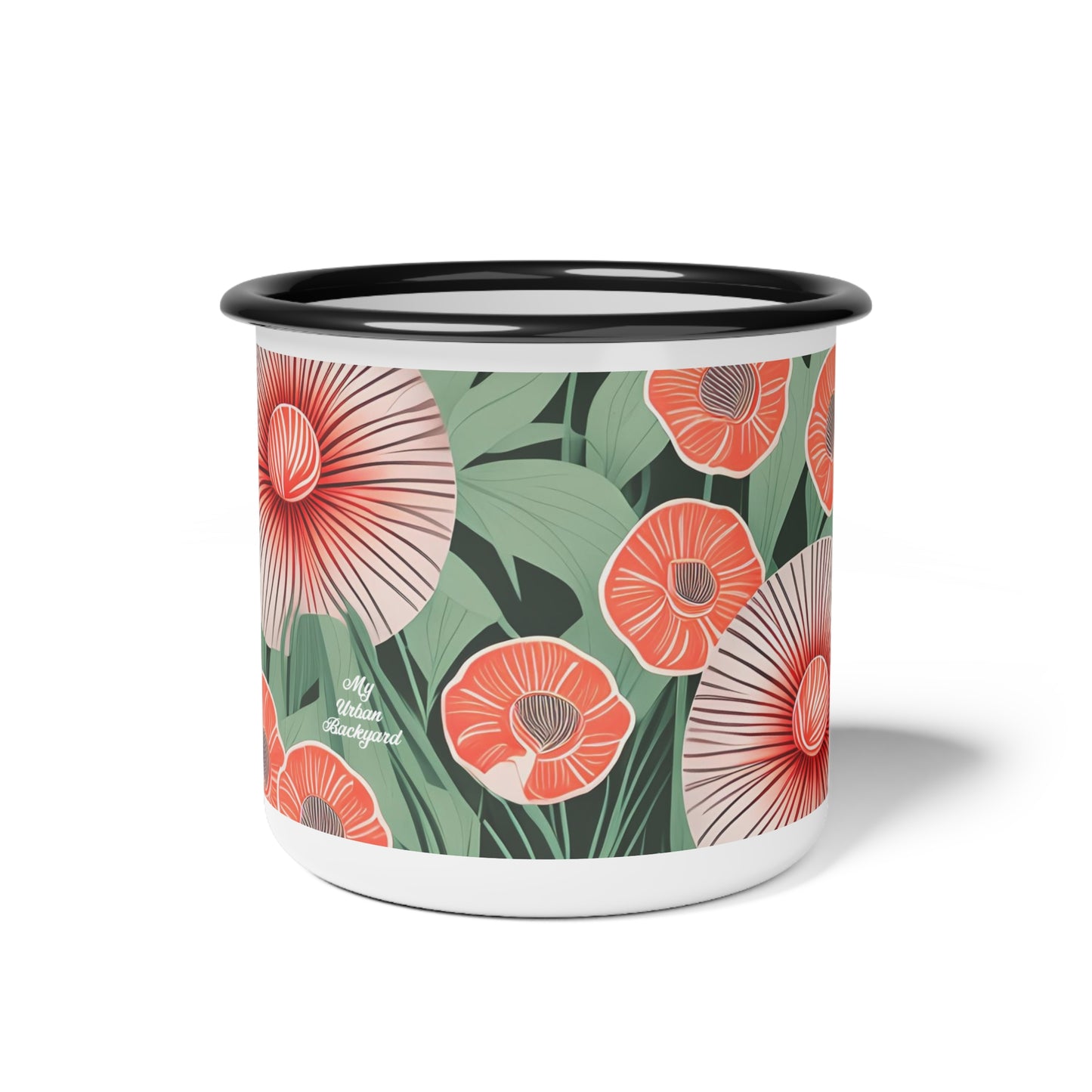 Red Art Deco Flowers, Enamel Camping Mug for Coffee, Tea, Cocoa, or Cereal - 12oz