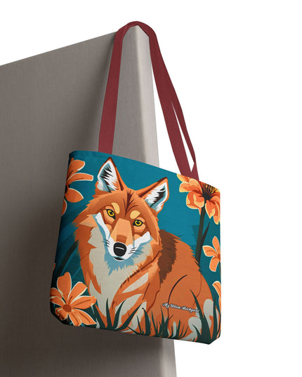 Coyote with Flowers Tote Bag with Cotton Handles For Everyday Use, 3 Sizes