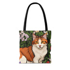 Orange Cat with Flowers, Tote Bag w Cotton Handles