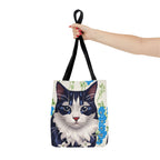 Cat and Blue Flowers Tote Bag with Cotton Handles For Everyday Use, 3 Sizes
