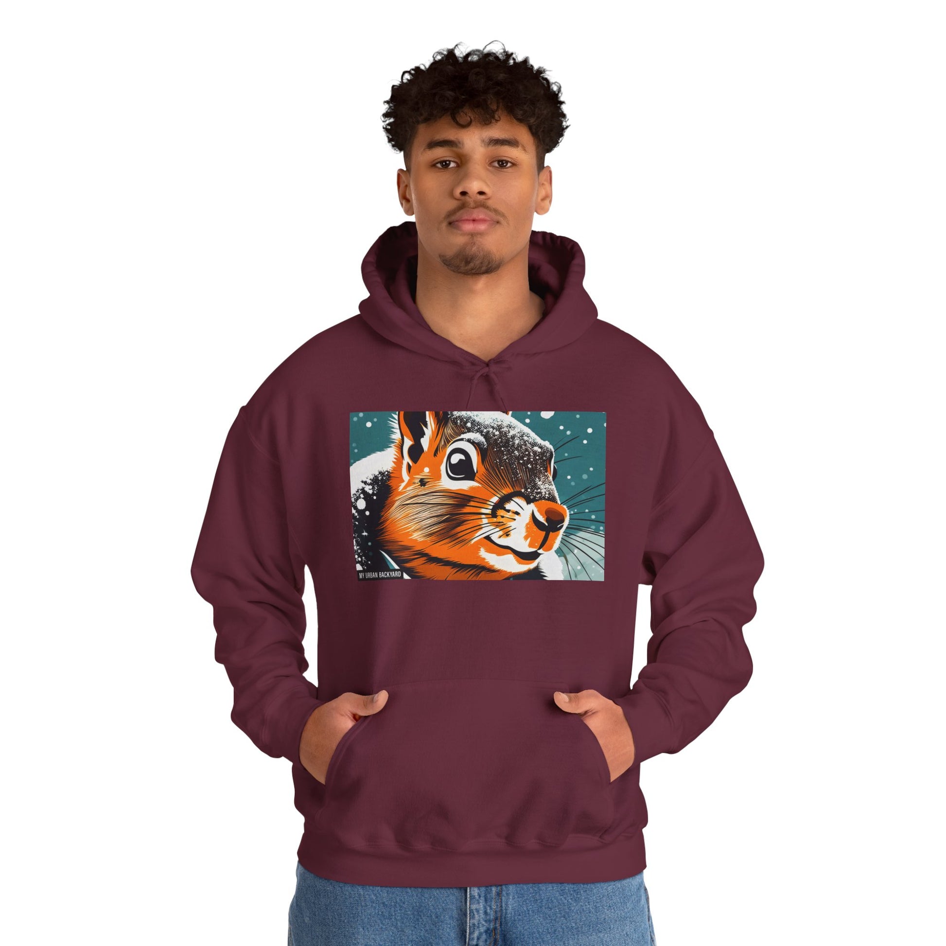Winter Squirrel Sweatshirt - Unisex Heavy Blend Hooded, Cute Animal Apparel, Winter Fashion, Gift for Nature Lovers, Snowy Days, Cozy Wear