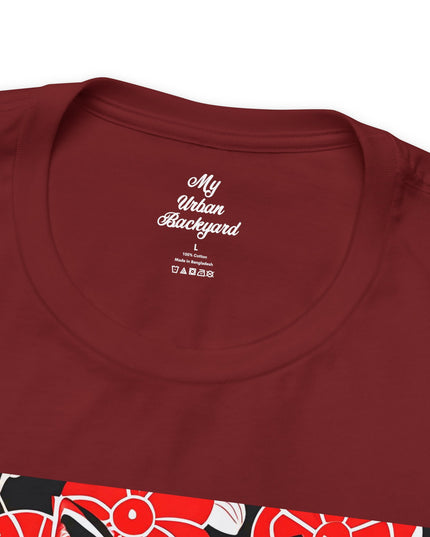 Tuxedo Cat with Red Flowers, Soft 100% Jersey Cotton T-Shirt, Unisex, Short Sleeve, Retail Fit