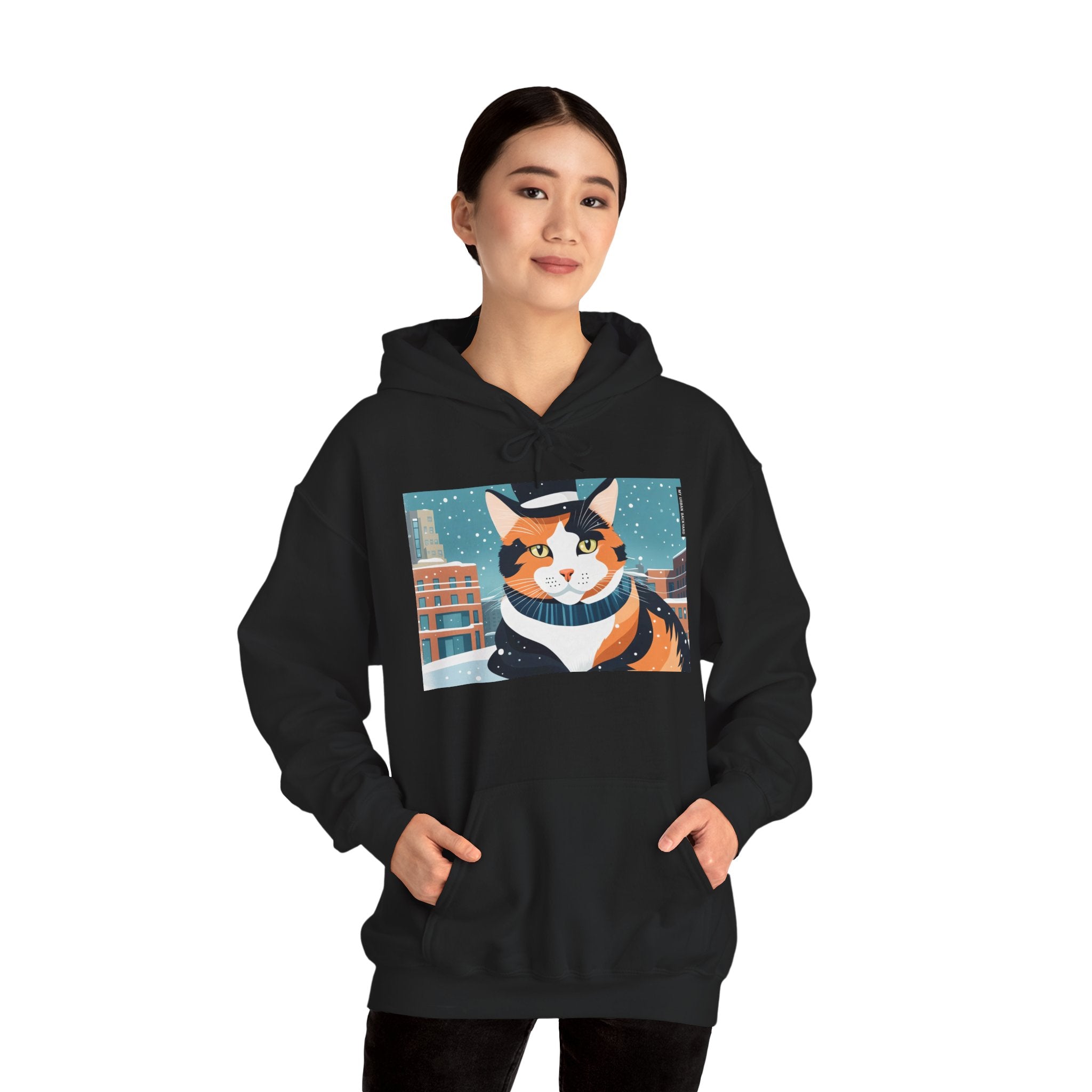 Calico Cat in Snow Hoodie — Cozy Winter Cat Lover Sweatshirt