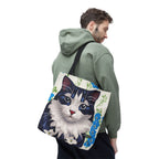 Cat and Blue Flowers, Tote Bag with Cotton Handles