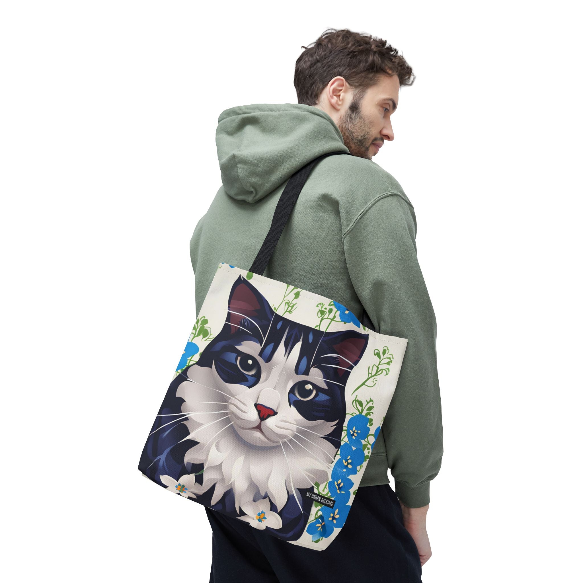 Cat and Blue Flowers, Tote Bag with Cotton Handles