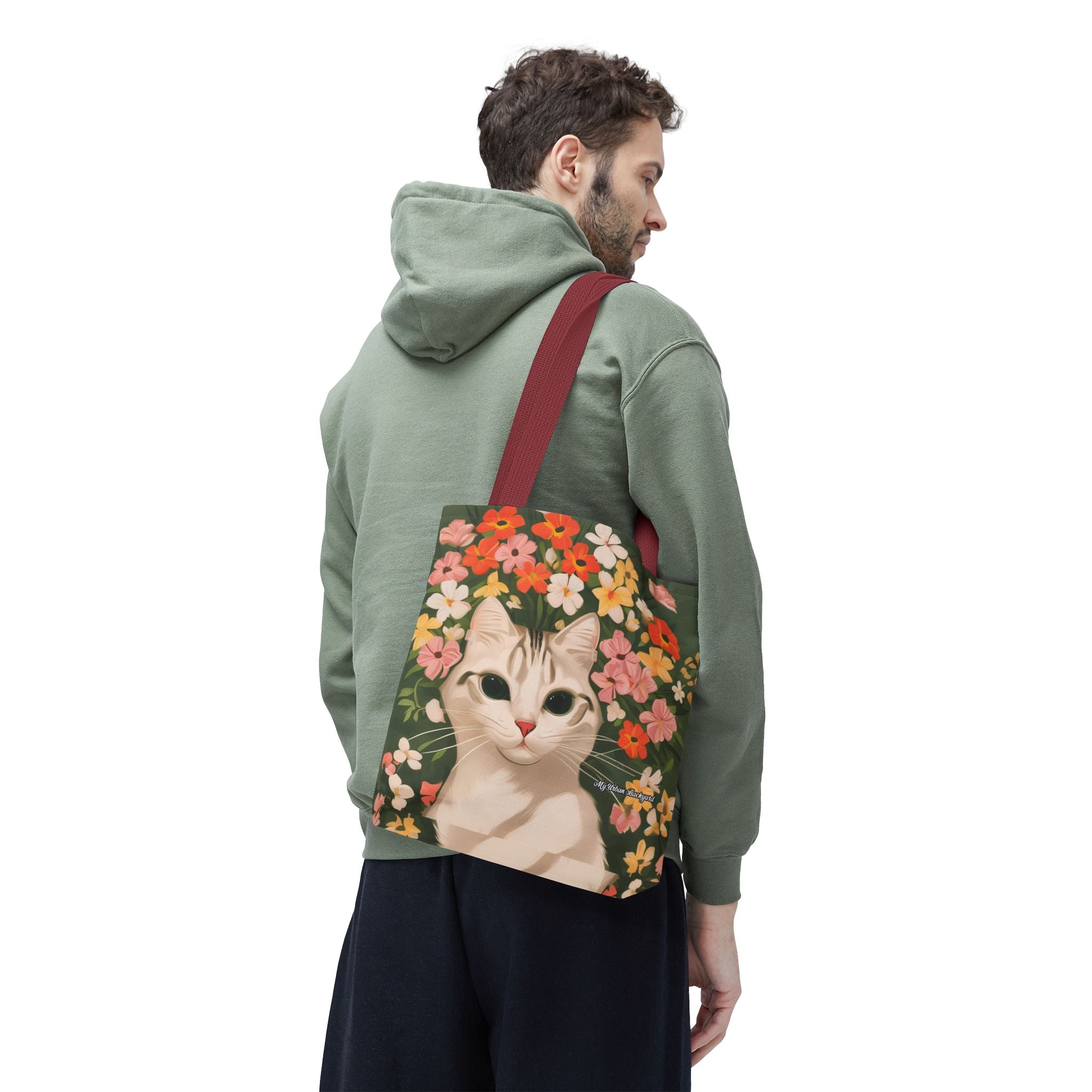 White Cat with Flowers Tote Bag with Cotton Handles For Everyday Use, 3 Sizes