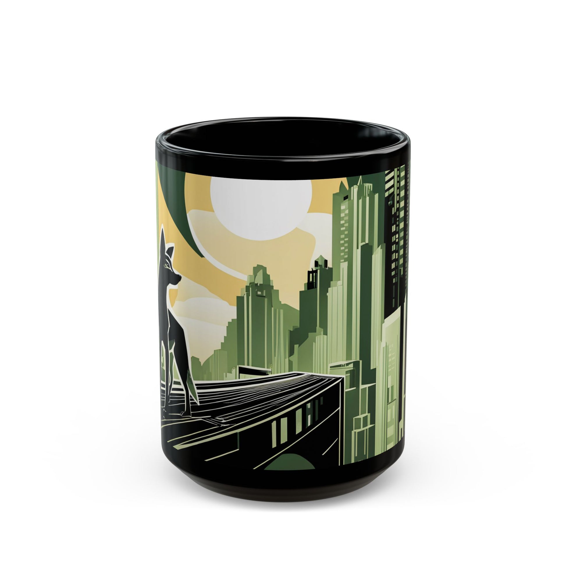 Art Deco Coyote Mug, Unique 11oz/15oz Black Coffee Cup, Retro Home Decor, Gift for Animal Lovers, Vintage Style, Perfect for Any Occasion