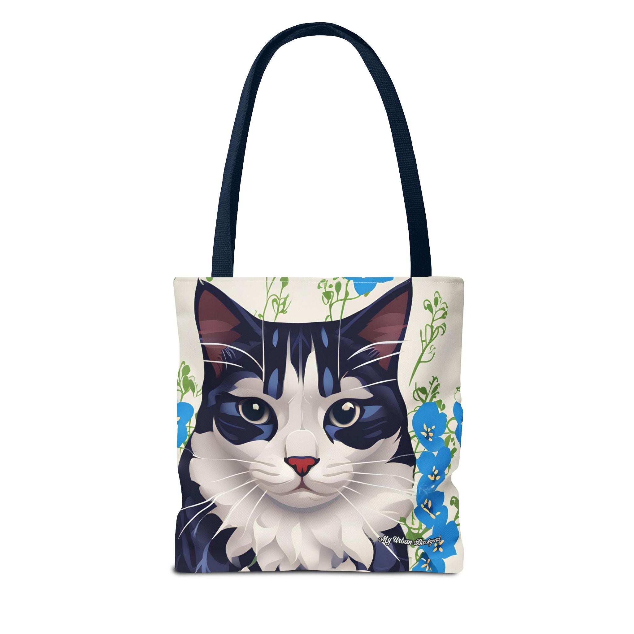 Cat and Blue Flowers Tote Bag with Cotton Handles For Everyday Use, 3 Sizes