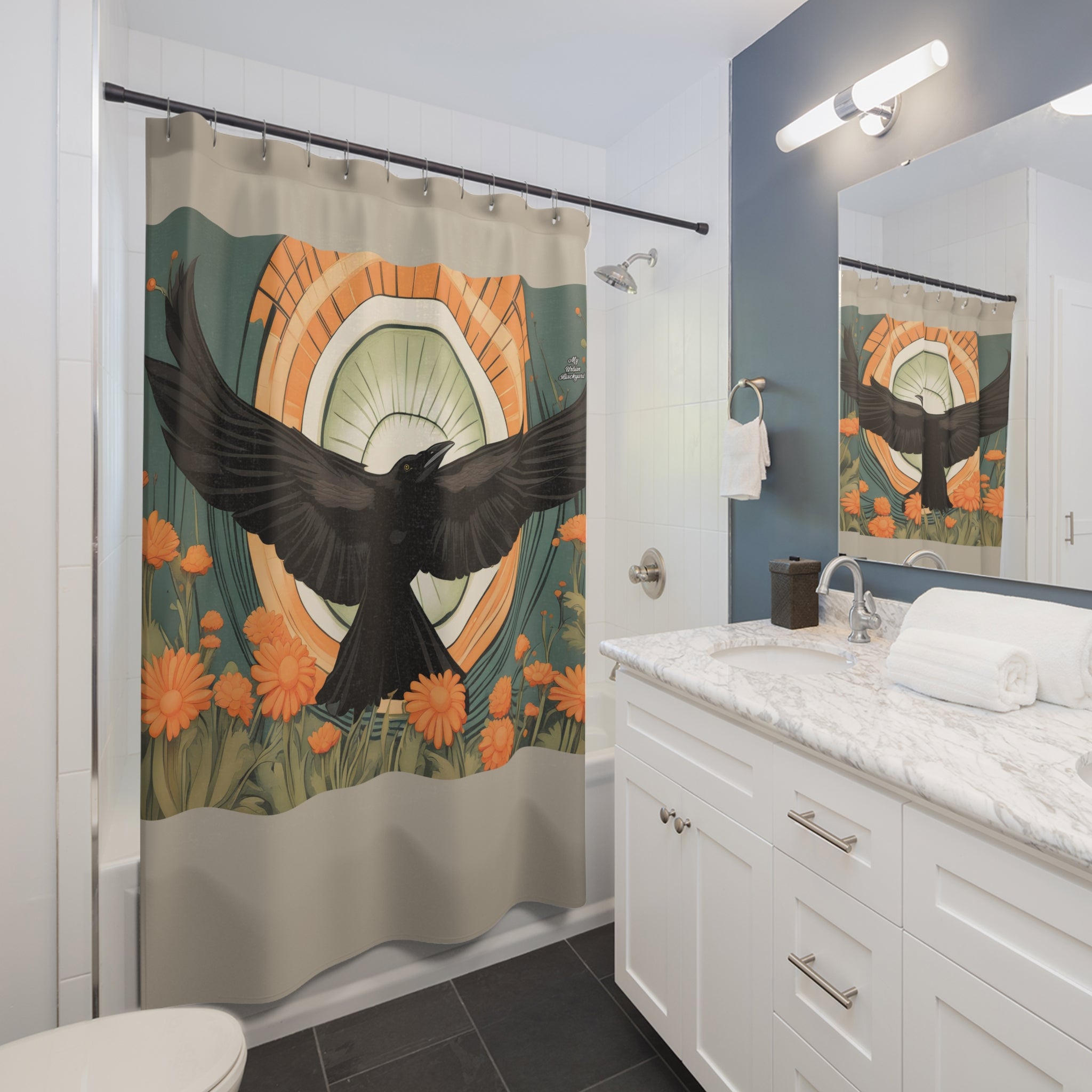Tan Shower Curtain with Flying Crow - 71" x 74"