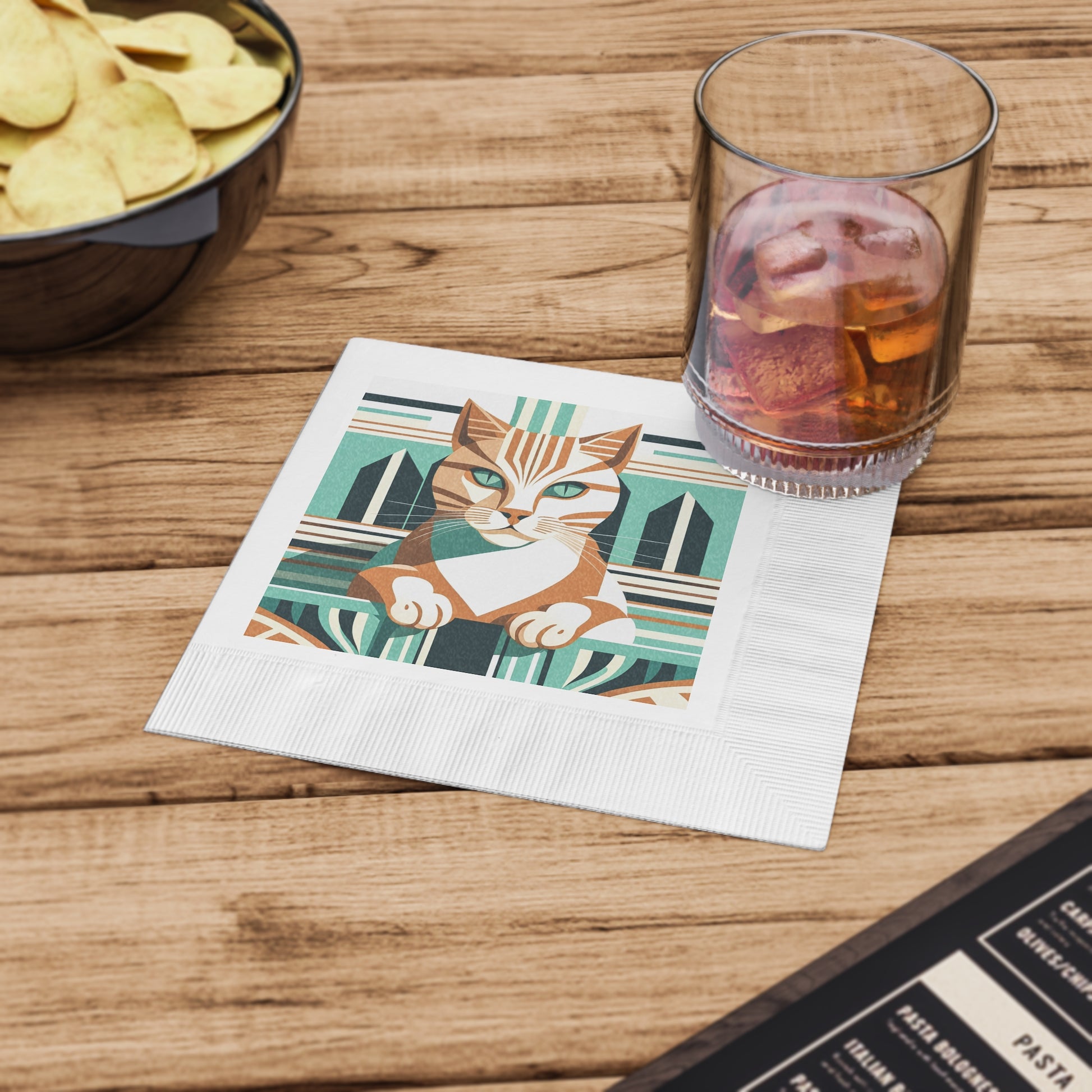 Art Deco Tabby Cat Cocktail Napkins - Retro Geometric Cat Design, 2 sizes, Pack of 50 or 100
