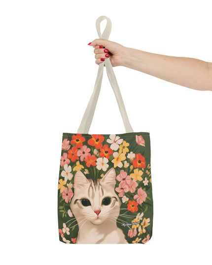 White Cat with Flowers Tote Bag with Cotton Handles For Everyday Use, 3 Sizes