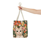 White Cat with Flowers Tote Bag with Cotton Handles For Everyday Use, 3 Sizes