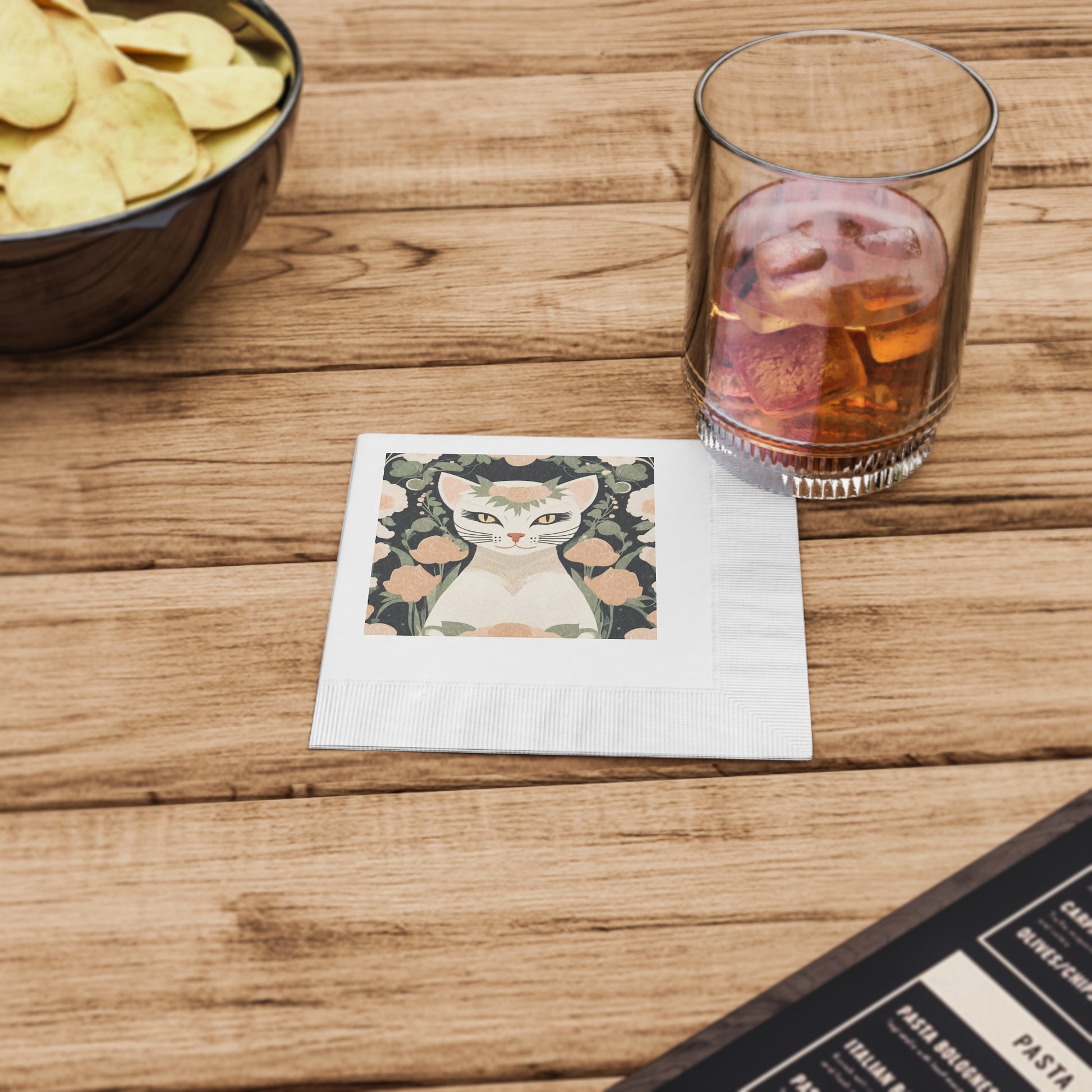 Genevieve Meowcroft, Cat Cocktail Napkins - Vintage Illustration Beverage Napkins, 2 sizes, Pack of 50 or 100
