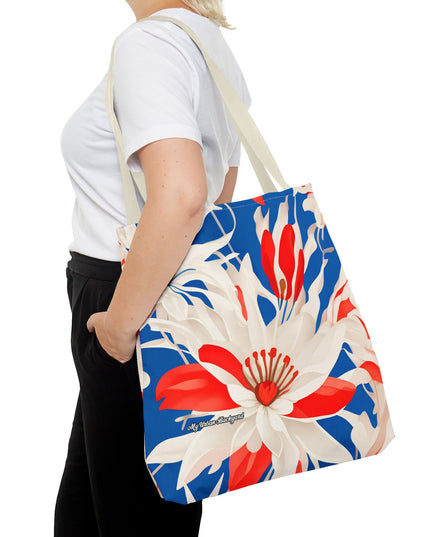 Red White & Blue Flowers Tote Bag with Cotton Handles For Everyday Use, 3 Sizes