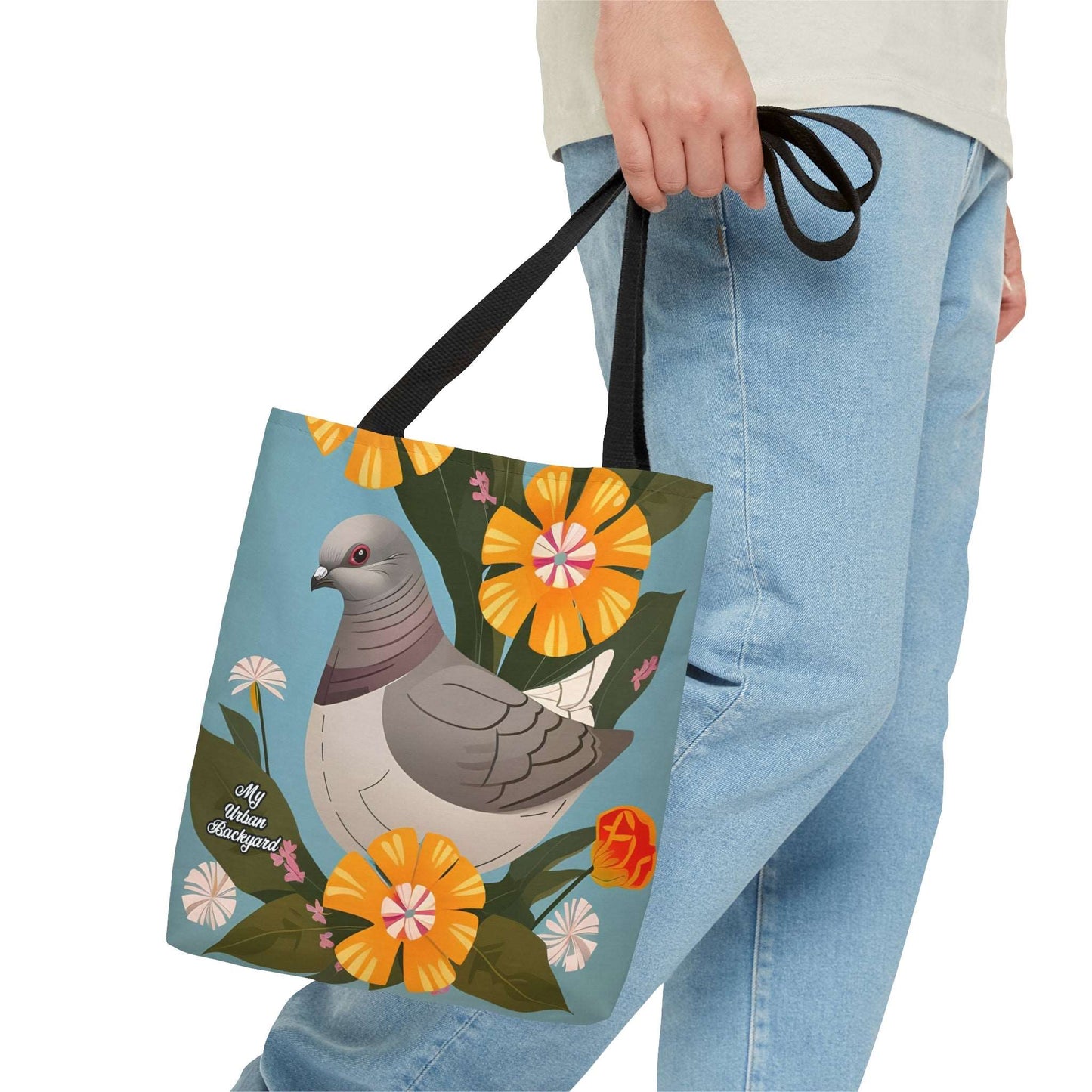 Everyday Tote Bag w Cotton Handles, Reusable Shoulder Bag, Pigeon and Yellow Flowers