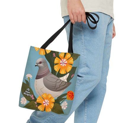 Everyday Tote Bag w Cotton Handles, Reusable Shoulder Bag, Pigeon and Yellow Flowers