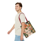 White Cat with Flowers Tote Bag with Cotton Handles For Everyday Use, 3 Sizes