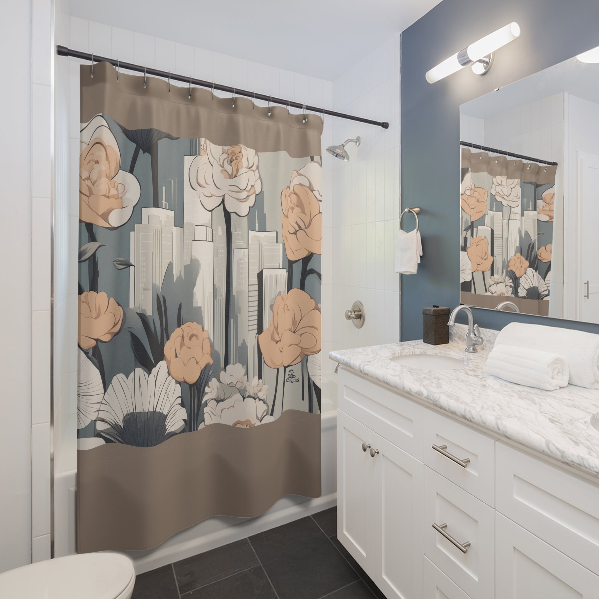 Taupe Shower Curtain with Urban Flowers - 71" x 74"