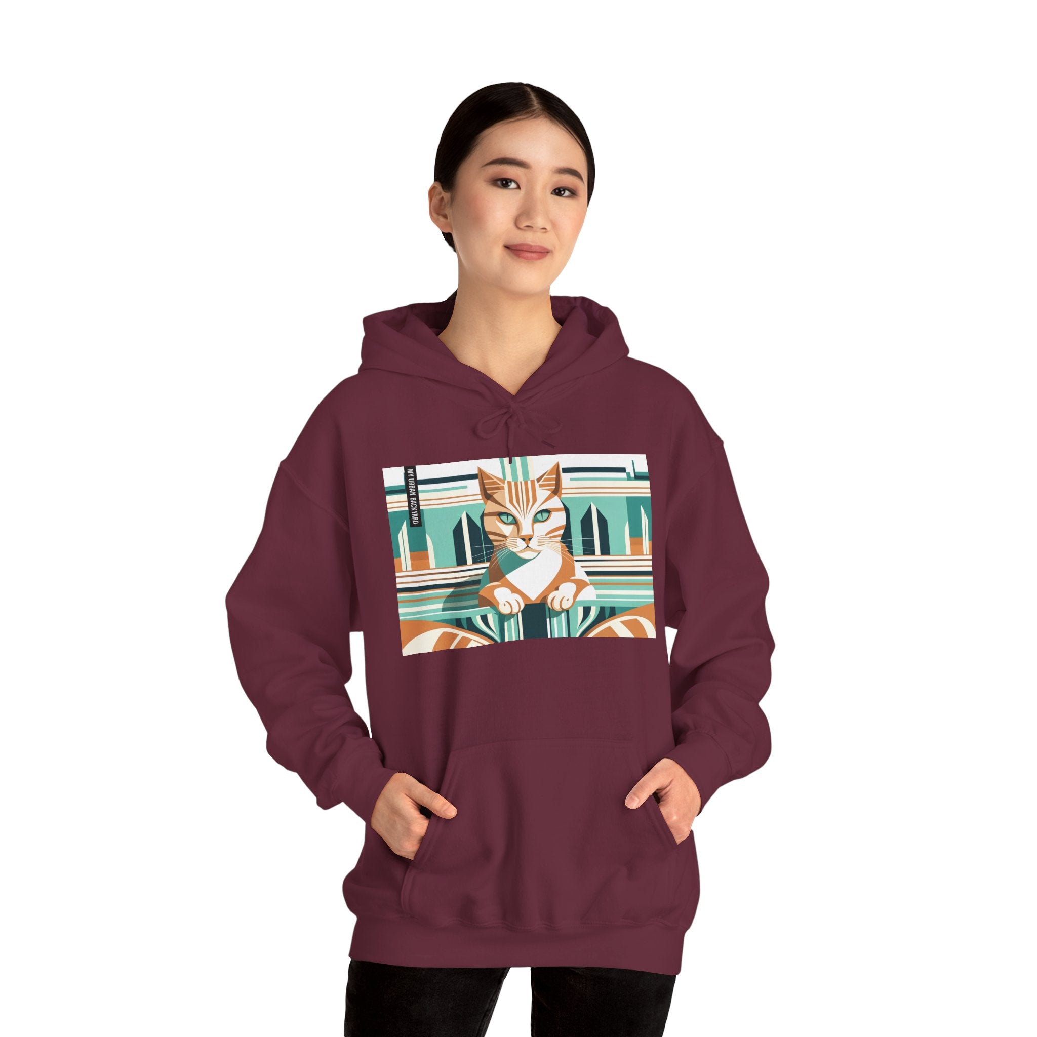 Art Deco Tabby Cat, Unisex Hoodie w Front Pocket