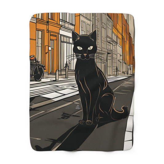 Black Cat in the City, Sherpa Fleece Blanket for Cozy Warmth, 50"x60"