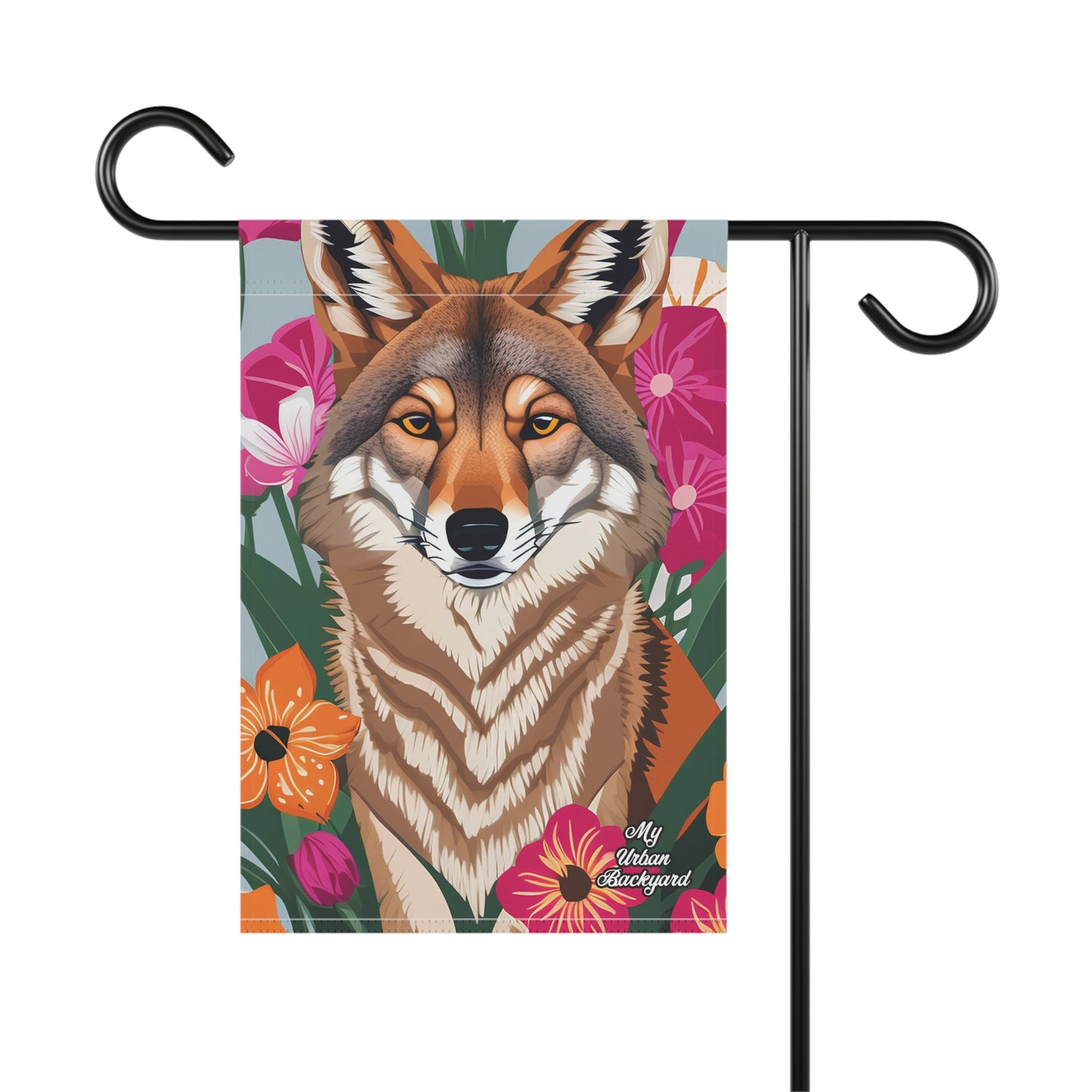 Coyote and Vibrant Flowers, Garden Flag for Yard, Patio, Porch, or Work, 12"x18" - Flag only