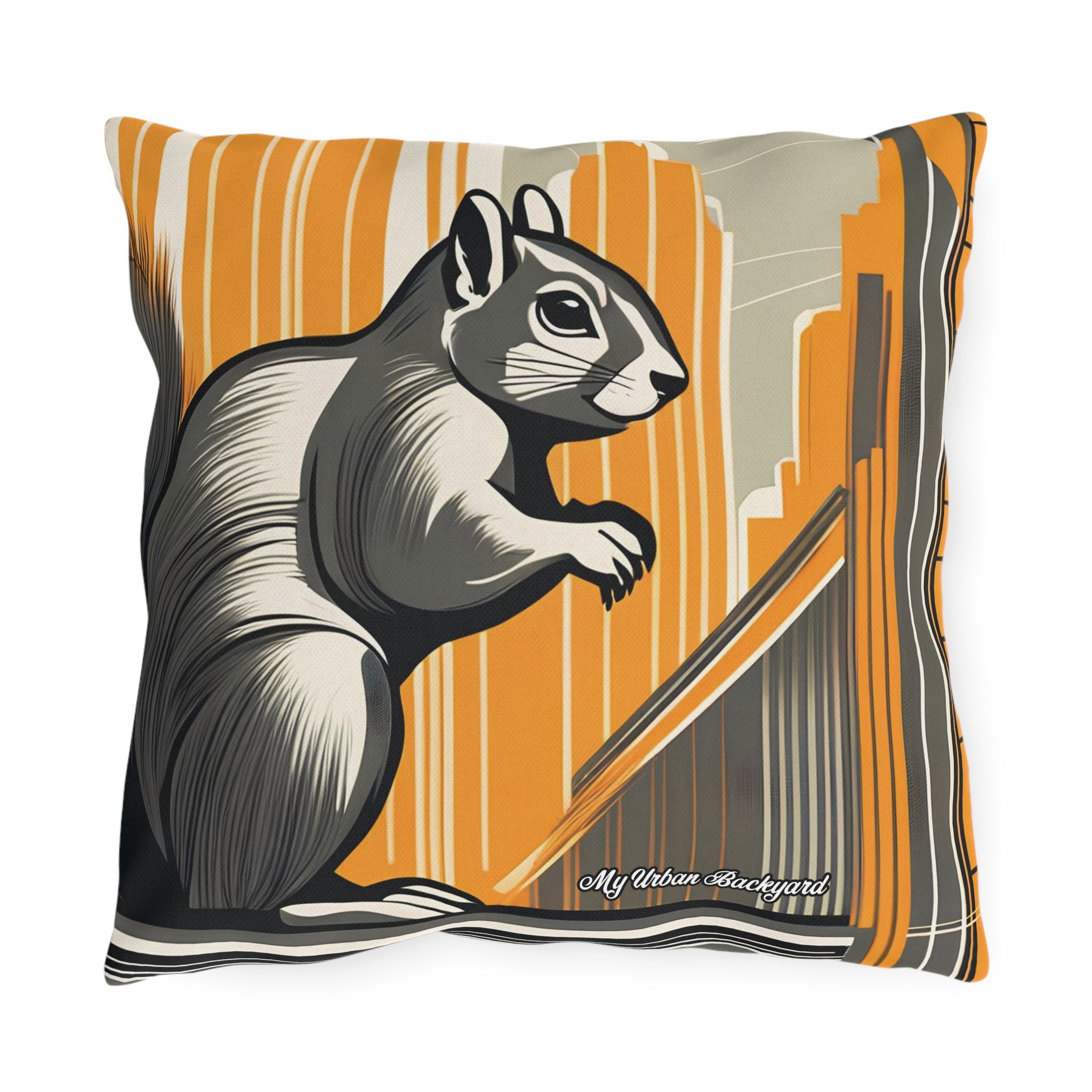 Art Deco Squirrel, Black accent color, Throw Pillow, Indoor/Outdoor Decor for Home or Office