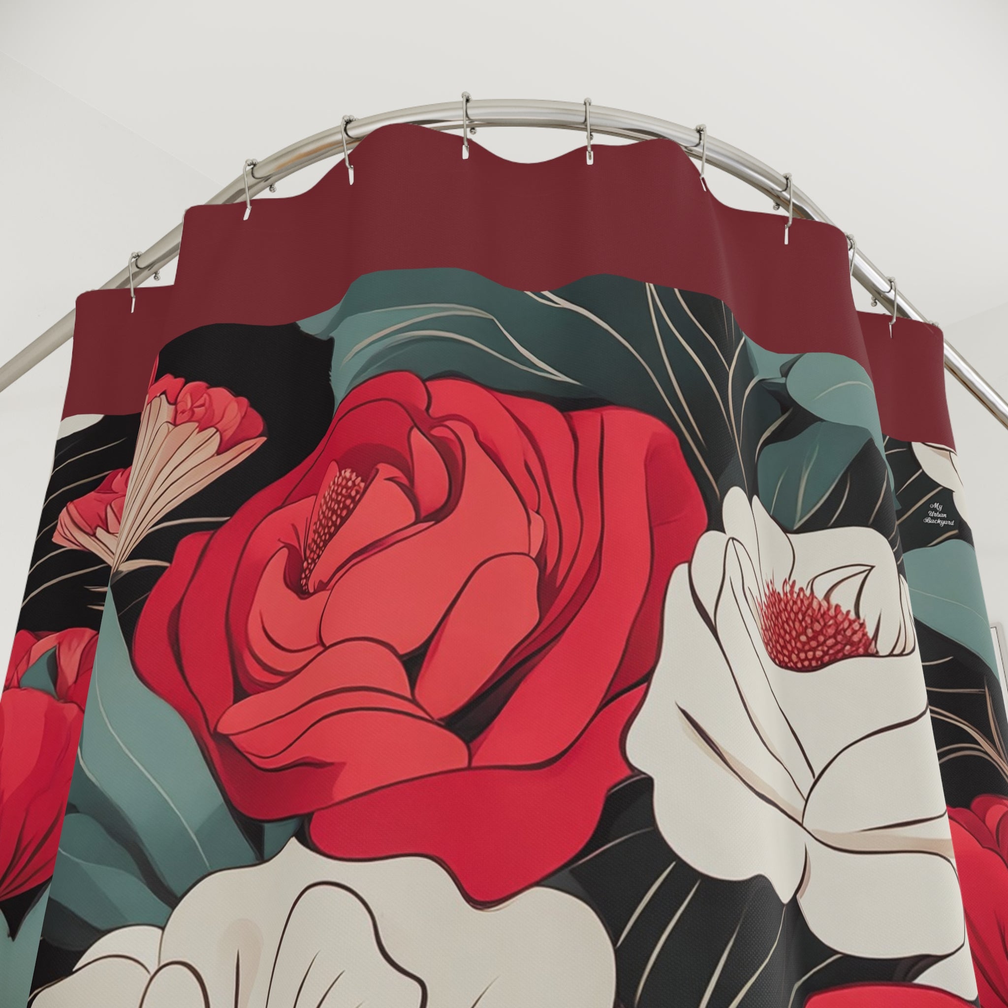 Maroon Shower Curtain with Floral Shower Curtain, Gift for Her, Romantic Style - 71" x 74"