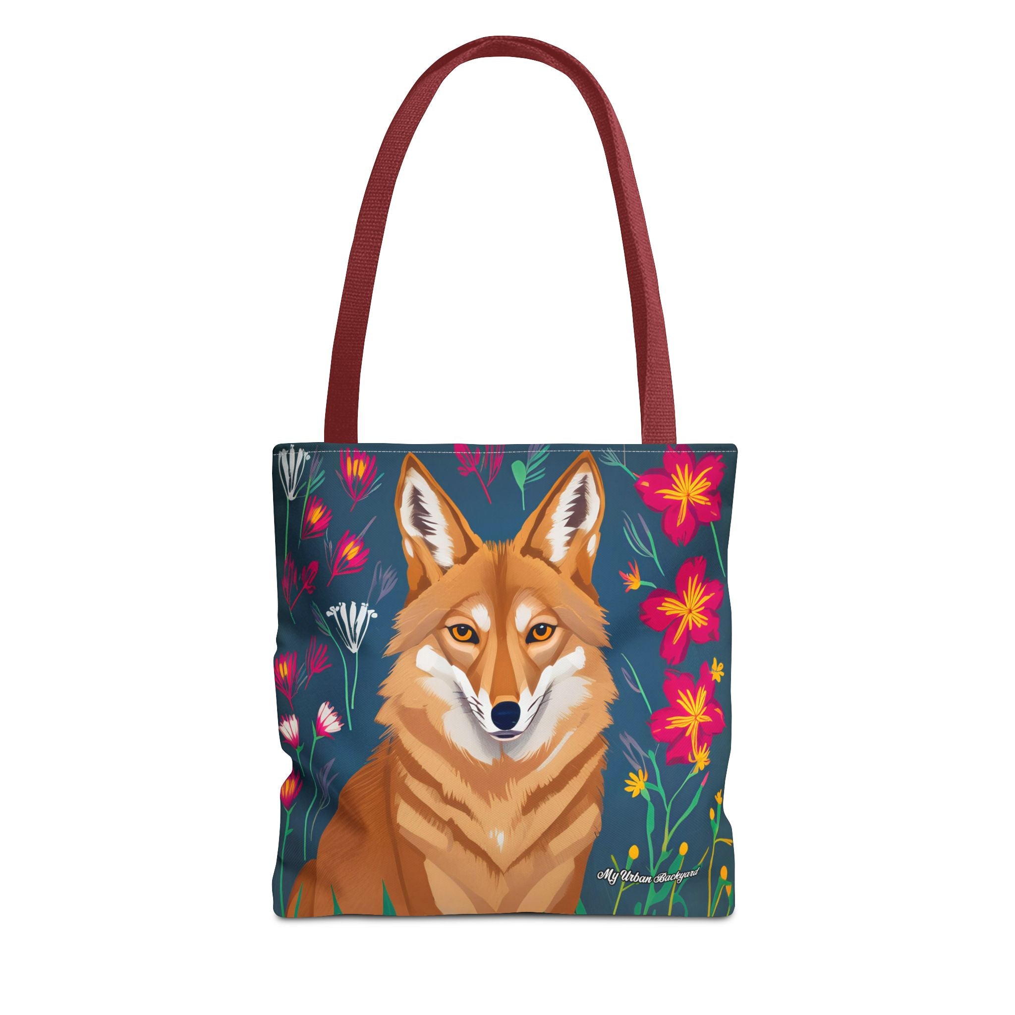 Coyote w Red Flowers Tote Bag with Cotton Handles For Everyday Use, 3 Sizes