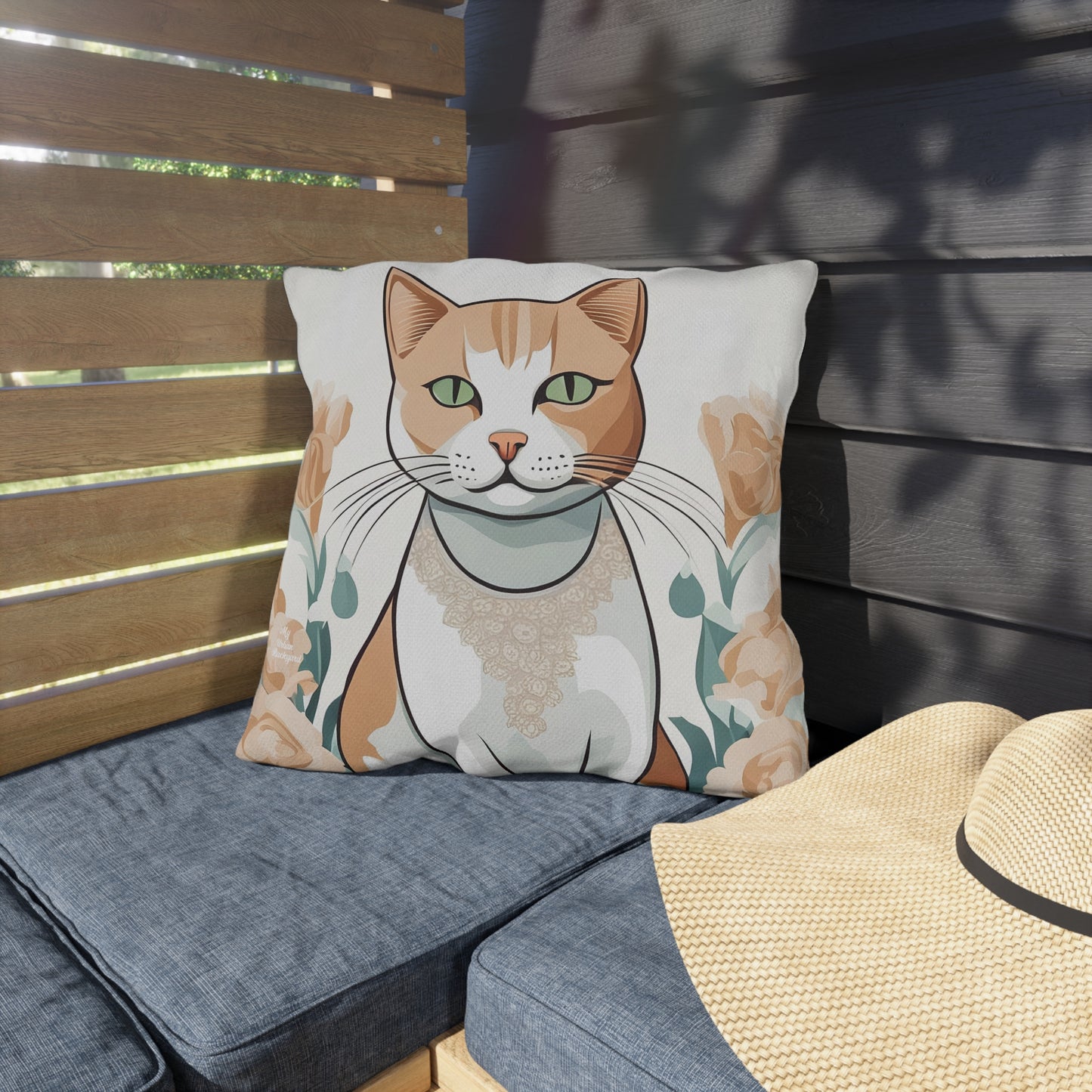 Green-Eyed Tabby Cat, Bay Leaf accent color, Throw Pillow, Indoor/Outdoor Decor for Home or Office