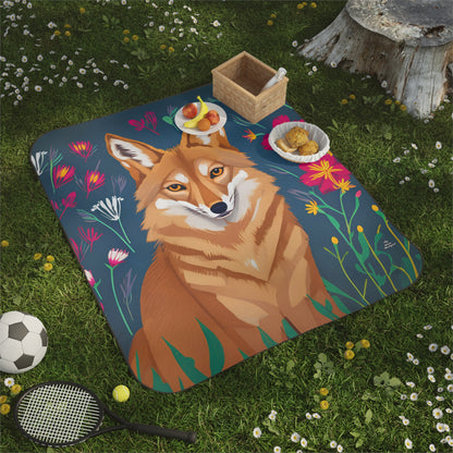 Coyote with Red Flowers, Cozy Outdoor Picnic Blanket, Water-Resistant Bottom, 51" × 61"