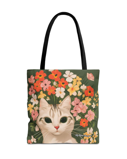 White Cat with Flowers Tote Bag with Cotton Handles For Everyday Use, 3 Sizes