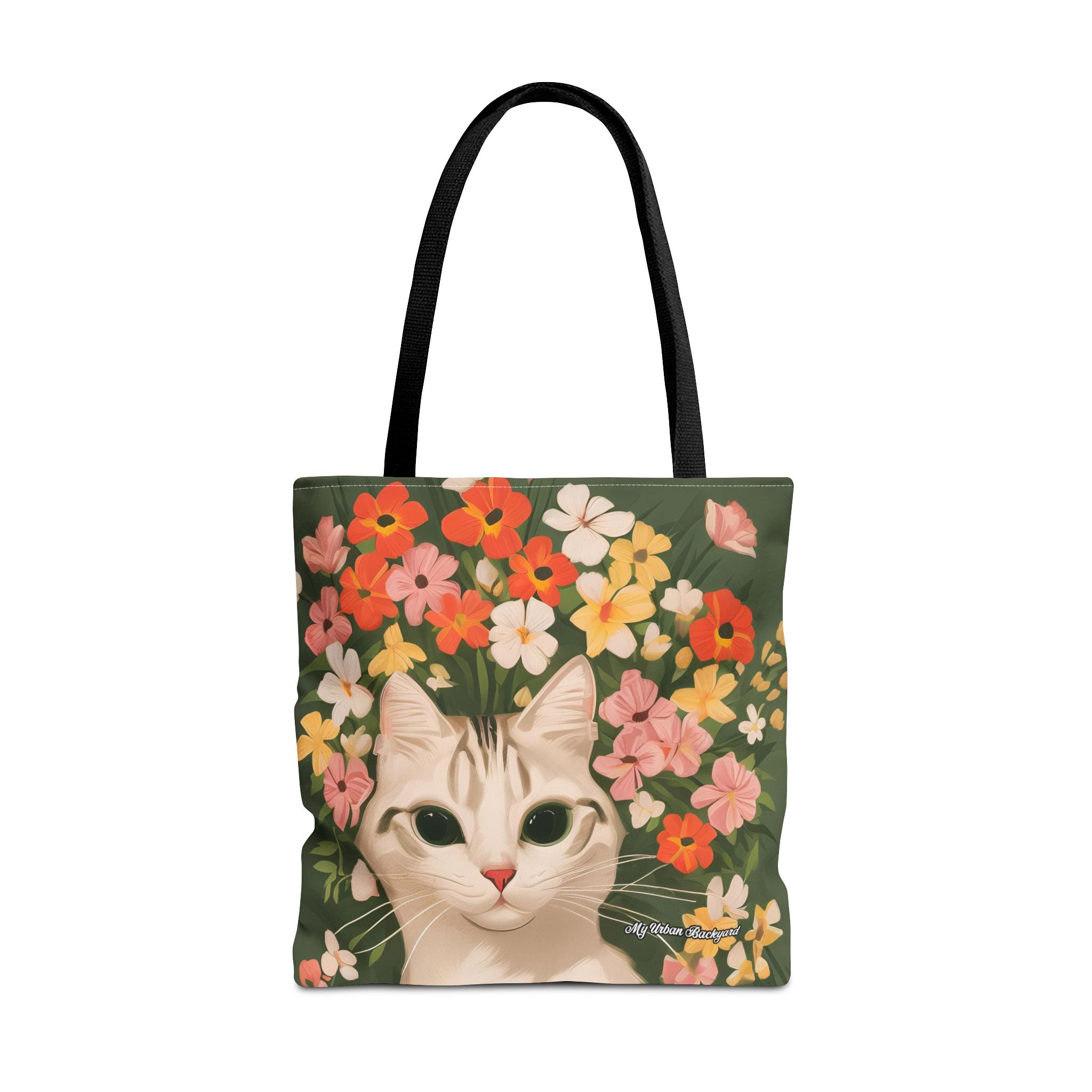 White Cat with Flowers Tote Bag with Cotton Handles For Everyday Use, 3 Sizes