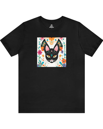 Black Cat w Green Eyes & Flowers, Soft 100% Jersey Cotton T-Shirt, Unisex, Short Sleeve, Retail Fit