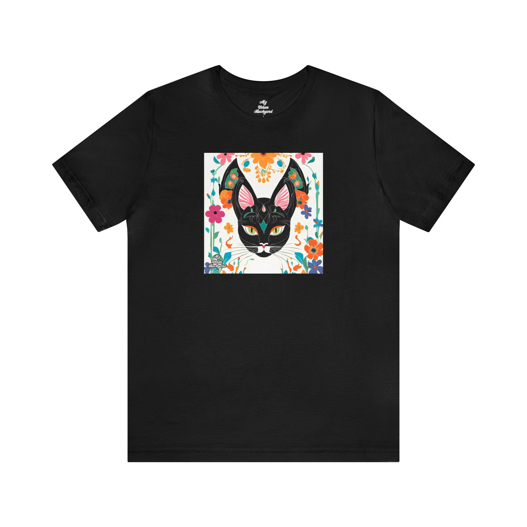 Black Cat w Green Eyes & Flowers, Soft 100% Jersey Cotton T-Shirt, Unisex, Short Sleeve, Retail Fit