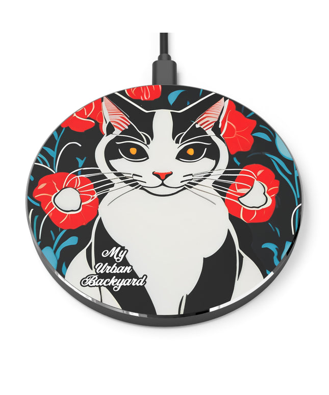 Cat with Red Flowers, 10W Wireless Charger for iPhone, Android, Earbuds