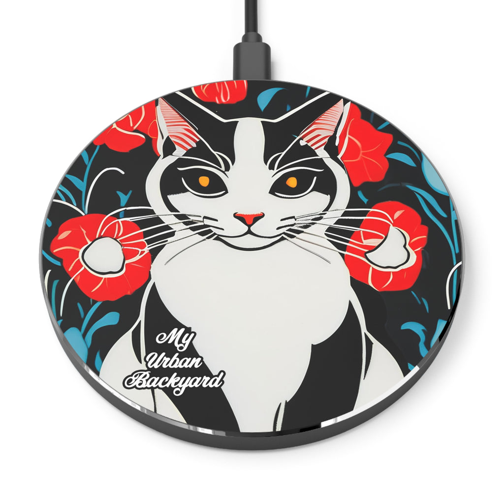 Cat with Red Flowers, 10W Wireless Charger for iPhone, Android, Earbuds