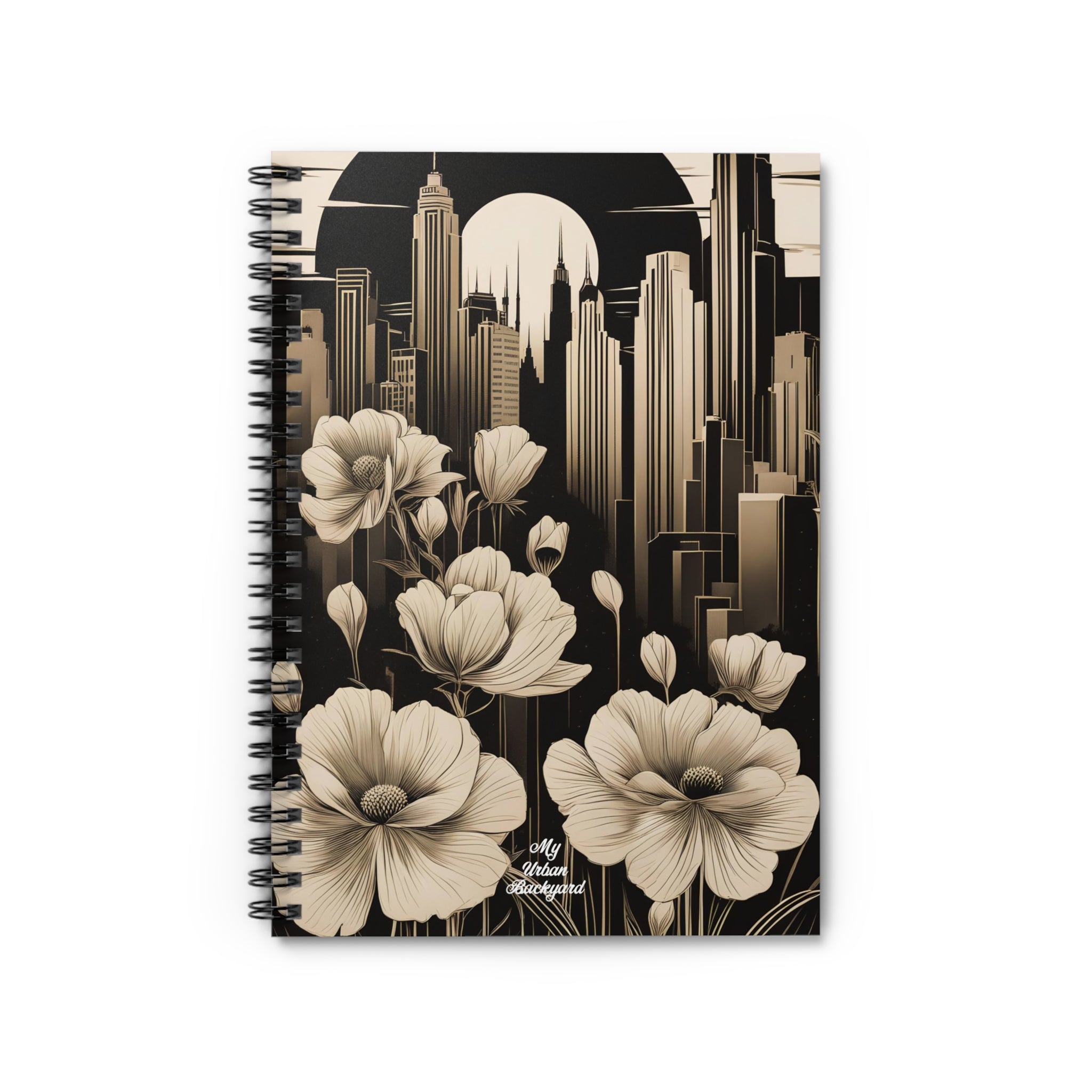 Urban Moon with Flowers, Spiral Notebook Writing Journal - 118 Ruled Pages