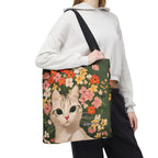 White Cat with Flowers Tote Bag with Cotton Handles For Everyday Use, 3 Sizes